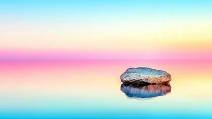 A solitary rock rests on the surface of tranquil water, reflecting the soft hues of a pastel sky.