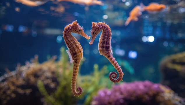 Seahorses swimming in an aquarium habitat, showcasing marine life resilience - Powered by Adobe