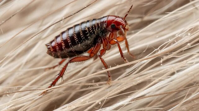 Close up of a flea pest walking through fur, a concept of parasite infestation and pest control need