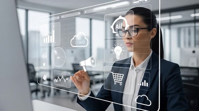 Professional Woman Analyzing Data with Virtual Interface in Modern Office