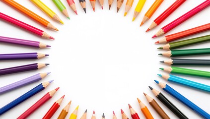 Fototapeta premium Circle of colored pencils on a white backdrop, vibrant representation of cultural diversity, suitable for advertising