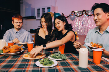 Diversity, dinner and group of people toast celebration together at party. Friends, happy and celebrate with food, wine and friendship for love, support and cheers champagne at business function