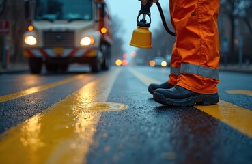 Obraz premium Road worker paints bright yellow lines on wet asphalt street pavement. Worker uses spray gun for road marking. Blurred work truck with bright headlights in urban background. City street maintenance,