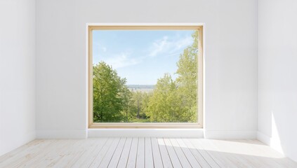 Fototapeta premium Scandinavian interior design with a summer view through a window in a minimalist room, promoting seasonal change
