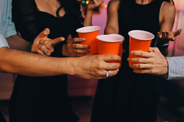 Diversity, dinner and group of people toast celebration together at party. Friends, happy and celebrate with food, wine and friendship for love, support and cheers champagne at business function