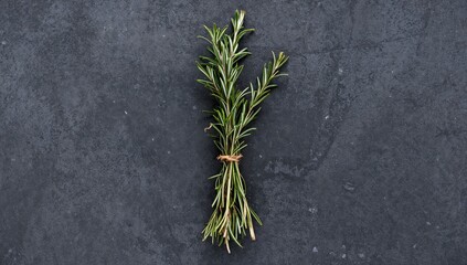 Rosemary sprigs tied with twine on a dark gray surface, adding a culinary touch to dishes