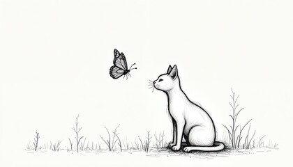 Cat gazes at butterfly. Minimalist line art shows feline observing insect with wings. Simple drawing depicts nature, friendship, and curiosity in a serene setting.