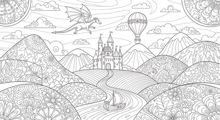 Fototapeta premium Whimsical Fantasy Castle Scene with Mountain Landscape Dragon Hot Air Balloons and Floral Details in Line Art Style