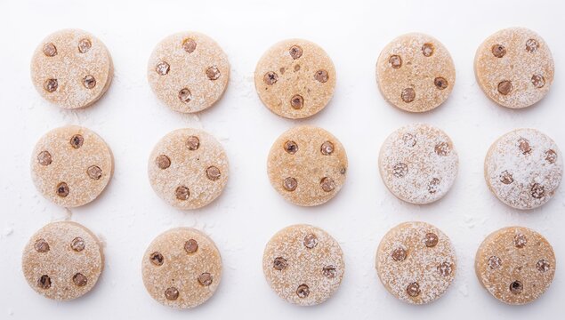 Set of small round cakes with holes and powdered sugar on a white background, fiber-dense choice