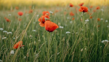 Obraz premium Red poppies along a country road, delicate blooms in a vibrant spring landscape