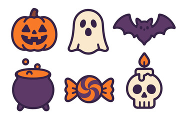 Fototapeta premium Collection of cute Halloween symbols: pumpkin, ghost, bat, cauldron, candy, and skull