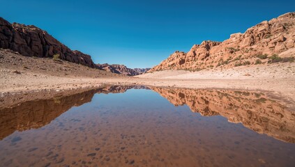 In the rocky desert of Jordan, a calm puddle mirrors the bright blue sky, offering a moment of peace in the dry terrain.