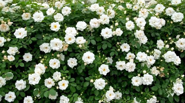 Abundant white rose blossoms in full bloom against a backdrop of vibrant green leaves
