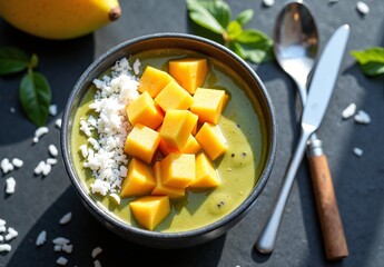 Overhead shot of a mango and pineapple smoothie bowl topped with coconut flakes on a dark slate surface in morning sunlight.