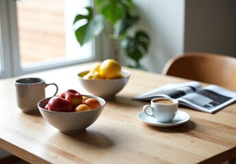 Bright breakfast scene on a light oak table featuring bowls of fresh fruit, steaming coffee mug and open magazine.