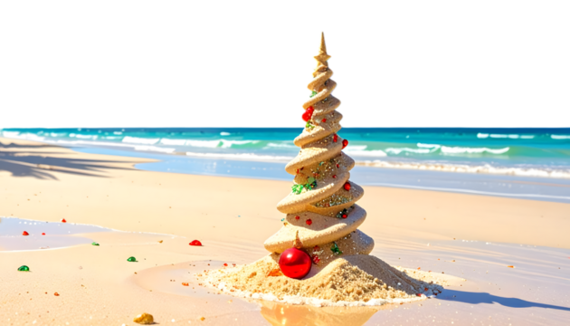 Sandy Christmas tree on beach holiday, isolated on white background. - Powered by Adobe