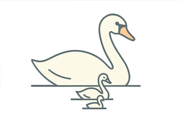 Stylized swan and cygnets swimming on water line icon outline