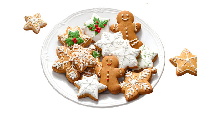 Christmas Gingerbread Cookies on White Plate Isolated on White Background