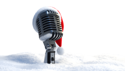 Microphone with santa hat celebrates Christmas holidays, isolated on white background.