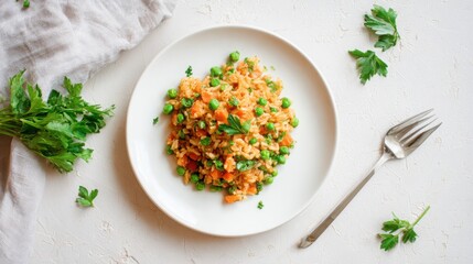 rice with carrot, green peas and parsley on a plate, healthy homemade meal, served on a clean white plate, soft natural daylight, top view