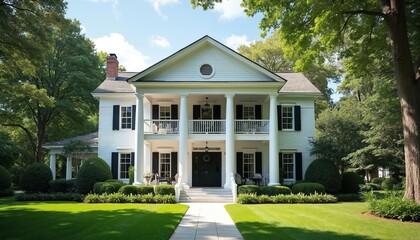 Fototapeta premium Grand white colonial style mansion with columns, balconies, and manicured lawn. Large trees surround the stately residence, offering shade and privacy. Perfect for real estate or architectural themes.