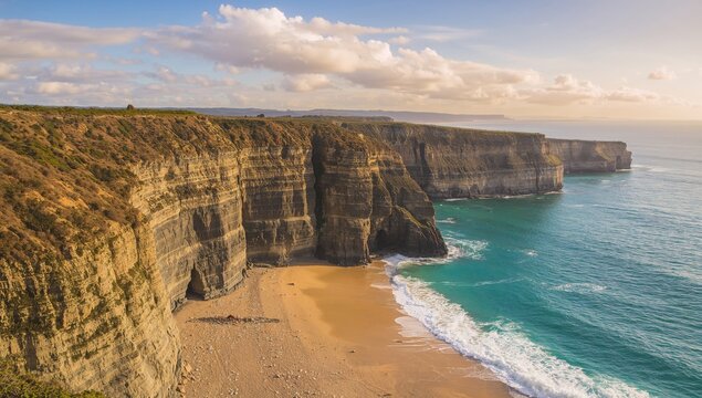 Coastal landscape with rugged cliffs and tranquil shoreline, erosion risk