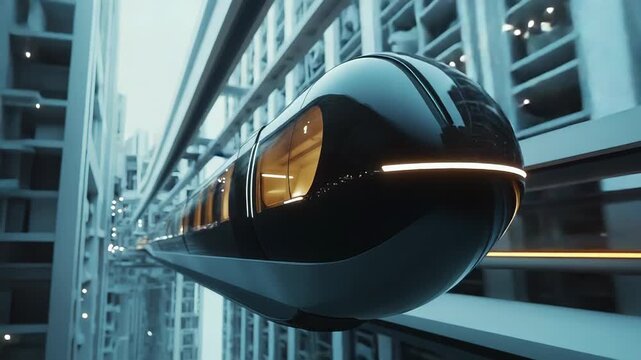 Futuristic suspended monorail train traveling through modern city
