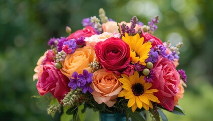 Obraz premium Close-up view of a vibrant bouquet of flowers, ideal for editorial header background