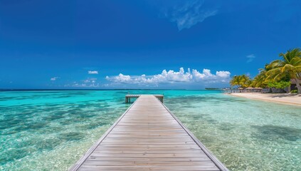 Naklejka premium Pathway leading to a boat dock by the island water, showcasing summer travel vibes, relaxing atmosphere