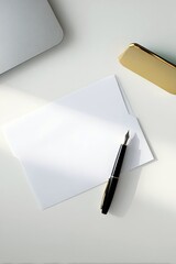 A minimalist workspace featuring a laptop, blank paper, a fountain pen, and a golden object, arranged on a white surface with natural light.