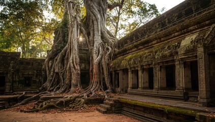 Temples featuring intricate carvings and tree roots, highlighting preservation efforts