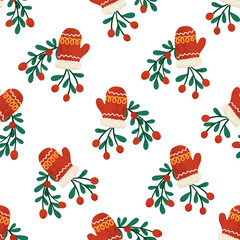 Retro Red Mittens Seamless Holiday Pattern And Green Leaves On White Christmas Background