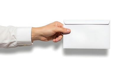 Hand holding a blank white envelope against a white background