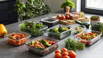 Healthy meal prep ideas for a nutritious week with fresh vegetables and ingredients on a modern kitchen countertop