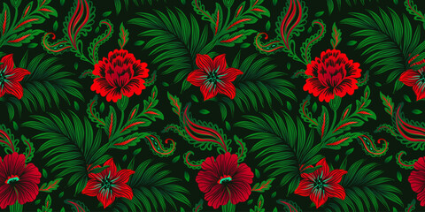 Luxury Boho Jewel Toned Red Flowers And Classic Greenery On Dark Vintage Background