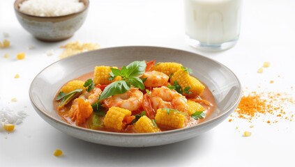 Fototapeta premium Shrimp curry served with tender corn and zucchini, fiber-dense choice