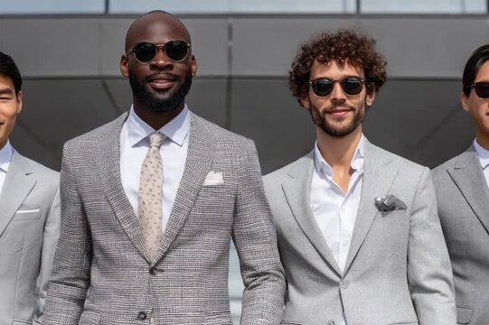 Stylish Ensemble: A quartet of distinguished men, dressed in impeccable tailored suits and stylish sunglasses, exude confidence and sophistication against a modern architectural backdrop. 