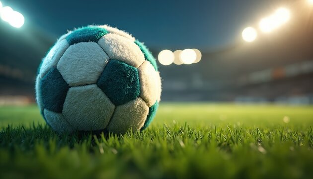 Soccer ball rests on lush green grass at night stadium under bright lights. Ready for action and competition, evoking excitement and team spirit. Game on.
