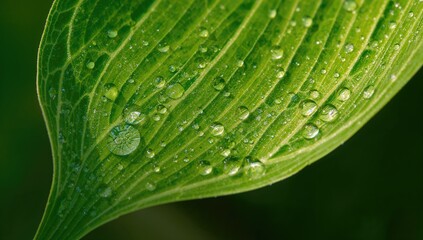 Close-up of a green leaf adorned with sparkling water droplets, showcasing natural freshness