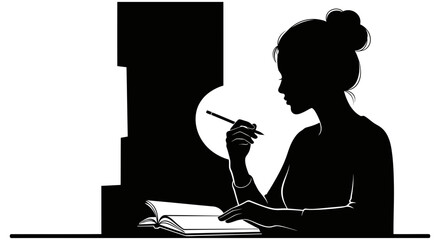Silhouette woman writing in book study education illustration