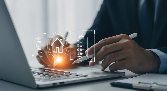 Person using a laptop and digital pen with house and clipboard icon illustrations for property inspection, home appraisal, or real estate compliance. - Powered by Adobe