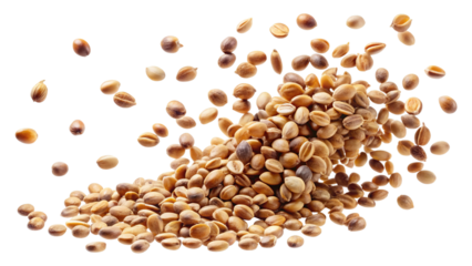 A dynamic cascade of roasted coffee beans frozen mid air against a stark black background isolated on transparent background