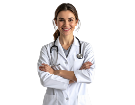 A realistic portrait of a happy female doctor standing with arms crossed, wearing a white lab coat and stethoscope, confident, professional studio lighting, isolated cleanly on a transparen
