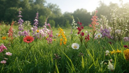Lush green grass adorned with blooming flowers, ideal for nature-themed wallpapers