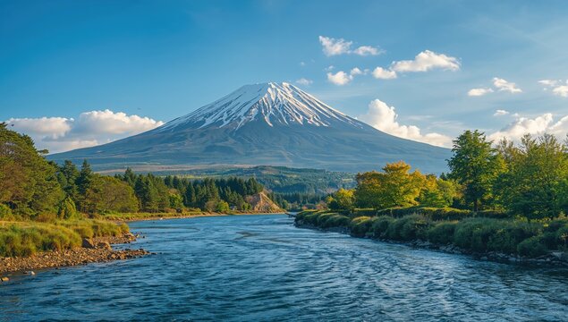 Snow-capped mountain alongside a flowing river, showcasing natural beauty and travel appeal