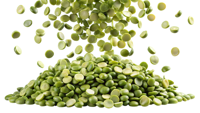 A cascade of dried green split peas falling and accumulating into a mound isolated on transparent background