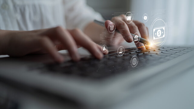 A fintech concept showing a network of digital banking services. This includes secure online payments, global transactions, and e-commerce for the modern financial system. Fermion