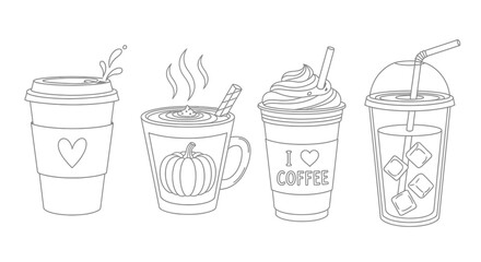 Cute Doodle Coffee Cups Outline - Iced & Hot Beverages