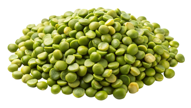 A generous pile of dried green split peas forming a mound isolated on transparent background