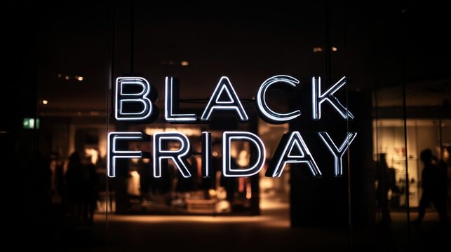 Bright Black Friday neon sign illuminates store window attracting customers to sales event